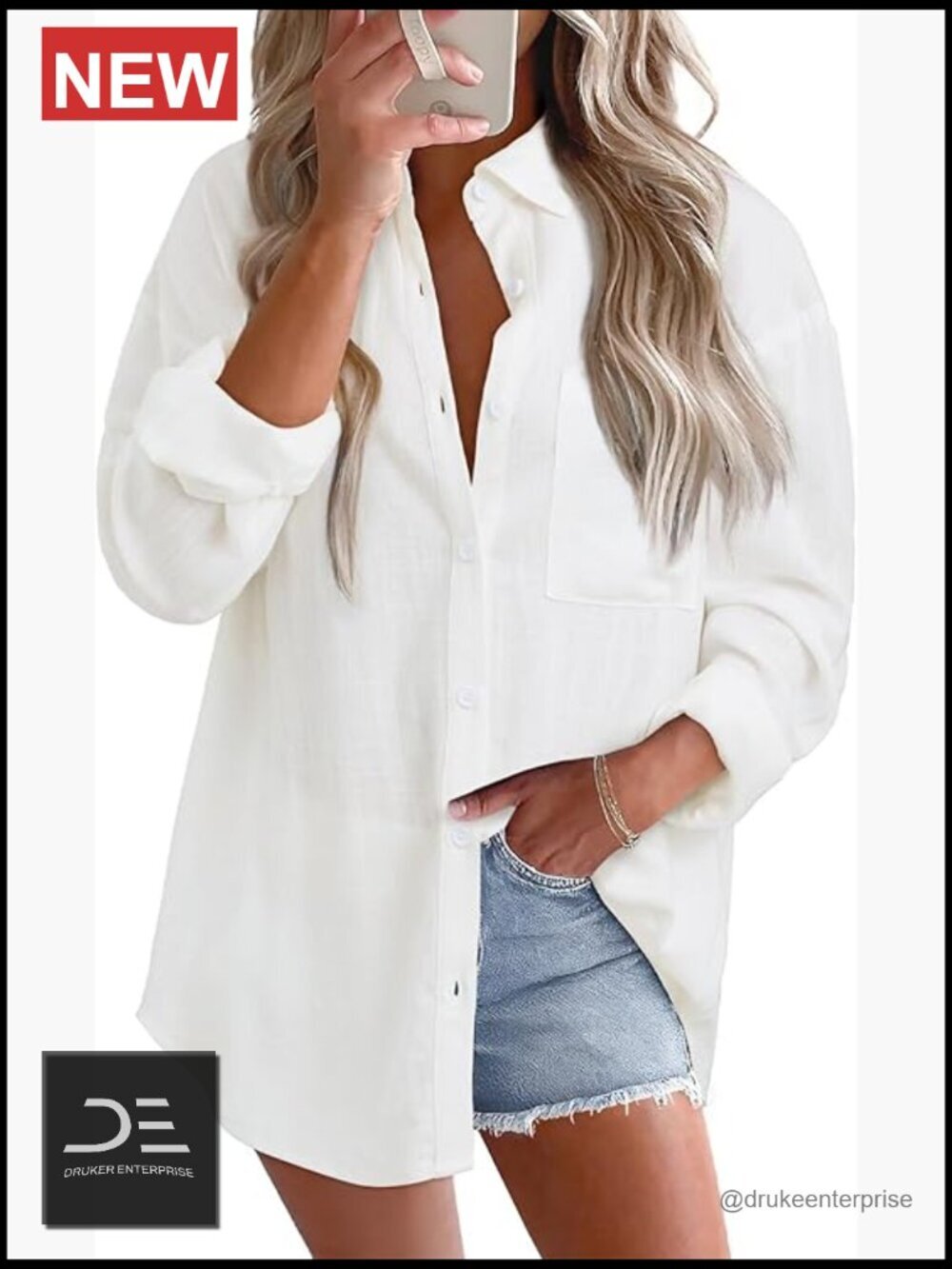 Cotton Linen Button Down Shirt - Loose Fit Long Sleeve V Neck Blouse